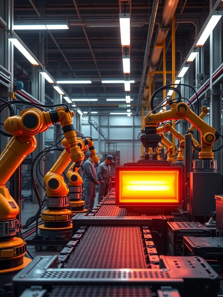 A high-quality photograph of the SMOORE factory floor, showcasing their advanced FEELM ceramic heating technology production line. The image should convey precision and technological sophistication.