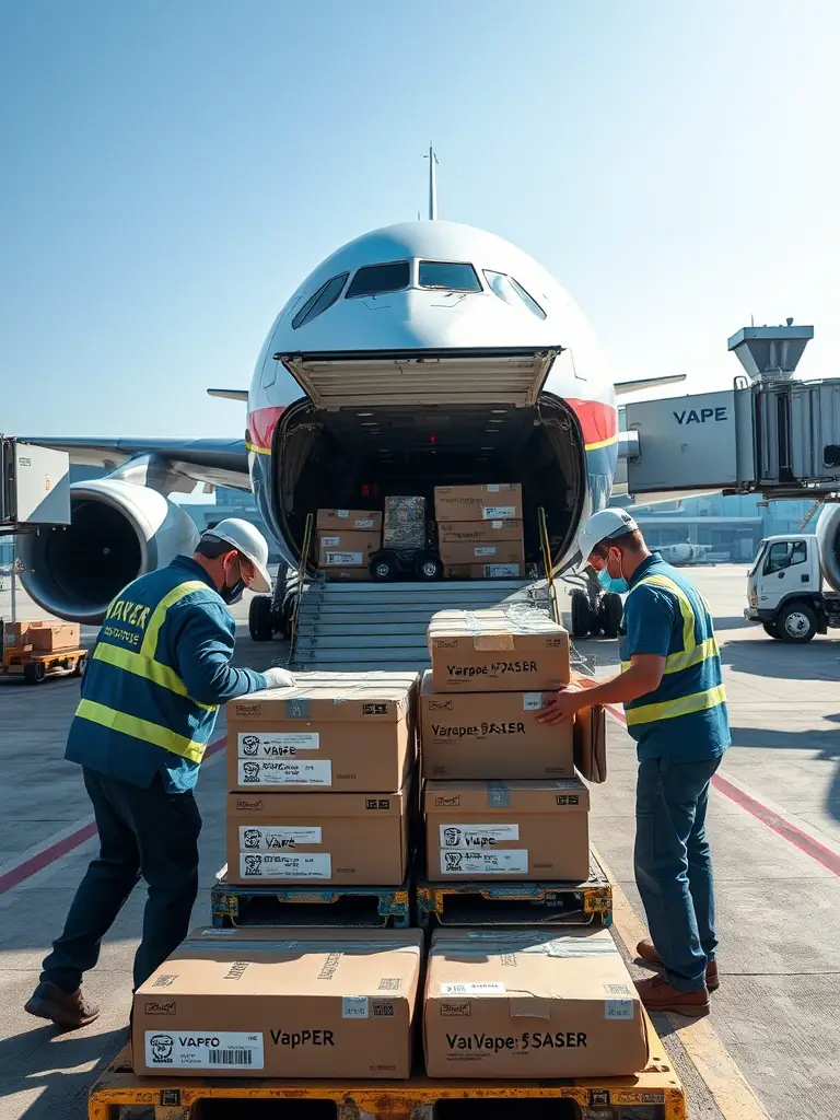 A photograph depicting vape products being loaded onto a cargo plane at Shenzhen Airport, symbolizing rapid air logistics and efficient supply chain management.