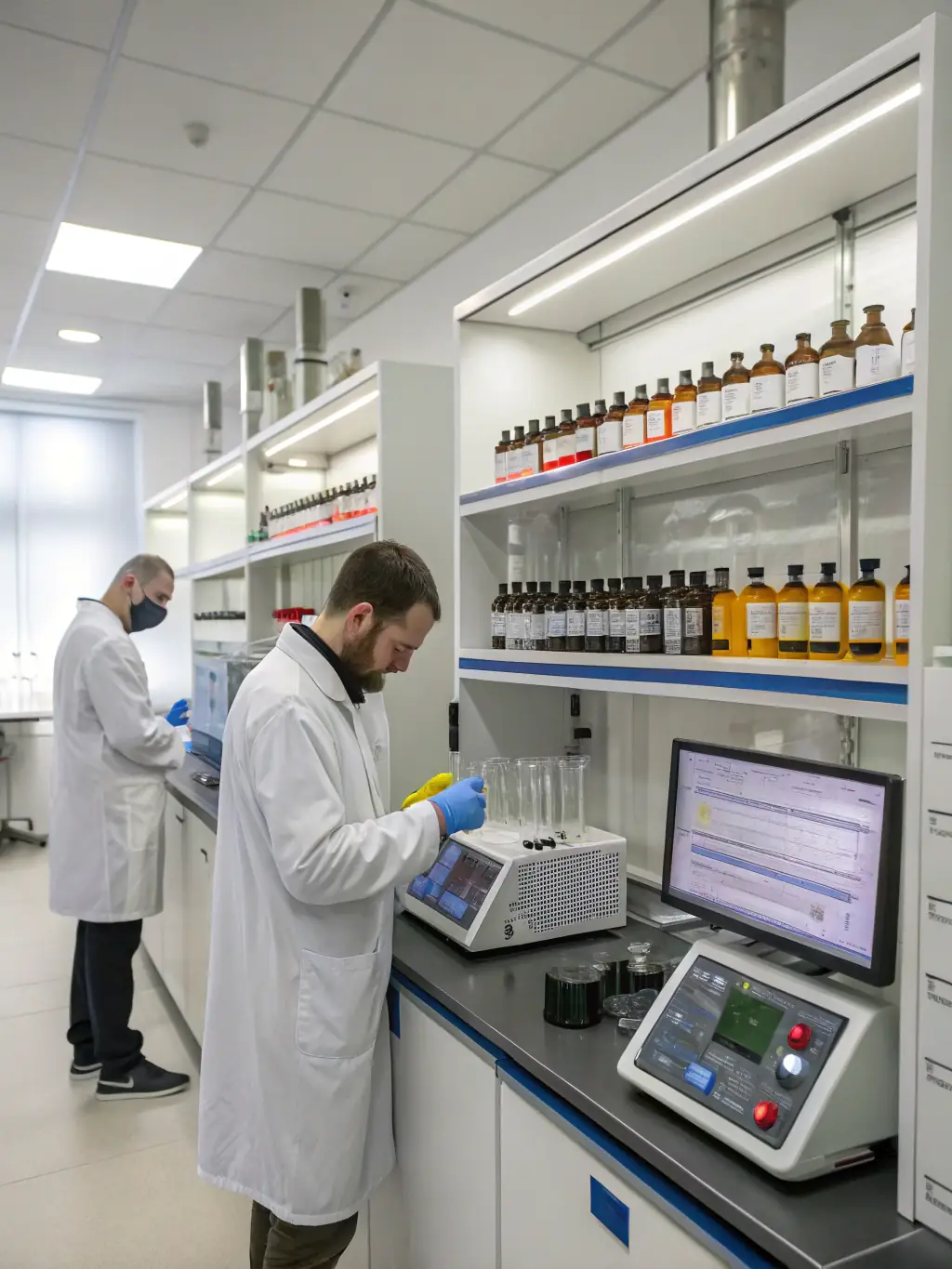 A professional image of the ALD Group's research and development lab, emphasizing their pioneering work in CBD vape technology. The lab should appear modern and well-equipped.