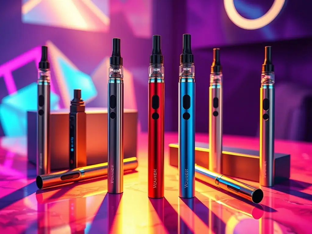 A high-quality image showcasing a range of custom-designed vape pens and cartridges, highlighting the possibilities of OEM/ODM manufacturing. The devices feature various colors, materials, and branding options, emphasizing the customization potential.